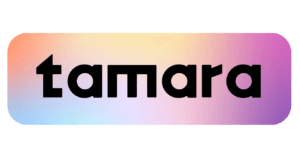 Tanara logo bold black lowercase word on a pastel gradient rounded rectangle background peach to purple